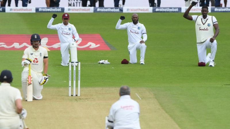 England and West Indies take the knee during the first test series conducted in a bio-bubble.
