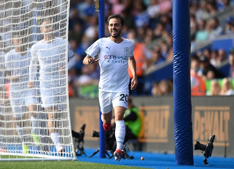 Bernardo Silva celebrates after scoring against Leicester City