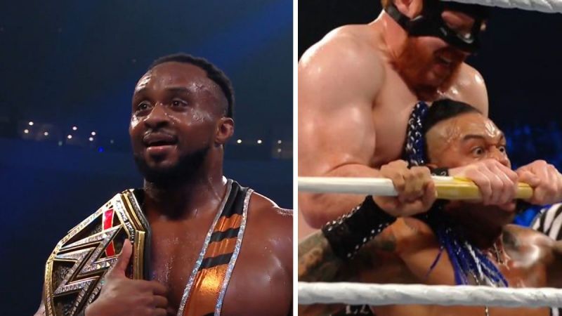 Big E (left); Damian Priest and Sheamus in a No DQ match on RAW (right)