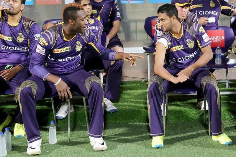 Shakib Al Hasan (right) is one of the candidates to replace Andre Russell if he is not available to play. (PC: IPL)