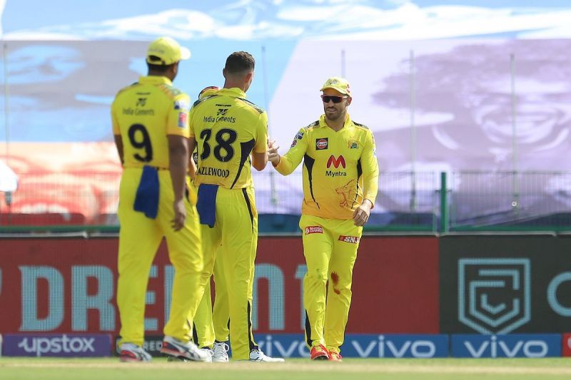 IPL 2021: Faf du Plessis celebrates his stunning catch with his CSK teammates.