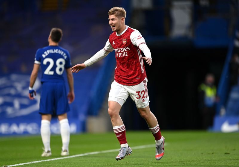 Emile Smith Rowe celebrates after scoring against Chelsea