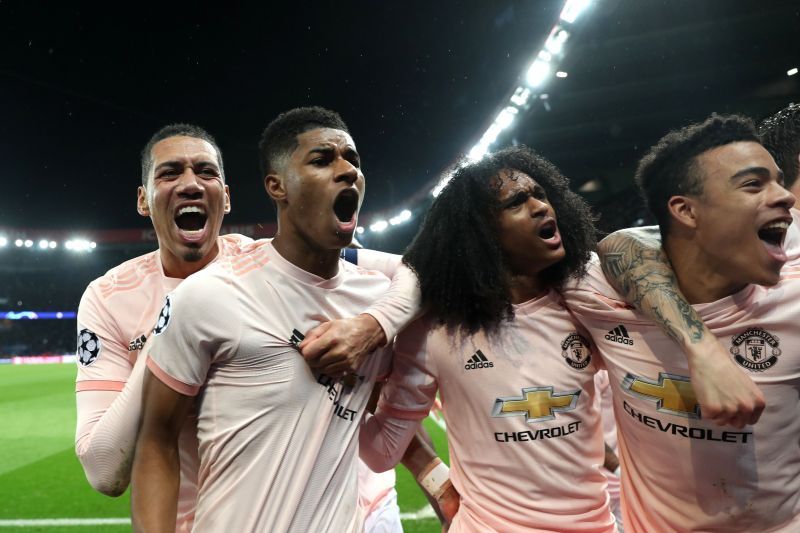 Manchester United celebrate their 2018-19 UEFA Champions League Round of 16 victory over PSG.