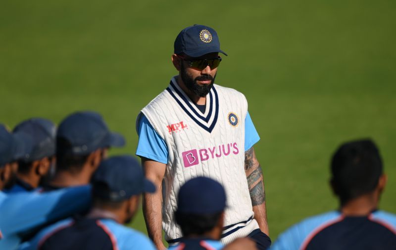 Skipper Virat Kohli addresses his squad during the nets session.