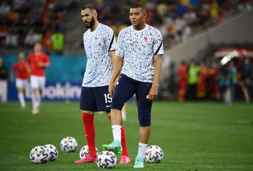 Karim Benzema and Kylian Mbappe while training for France