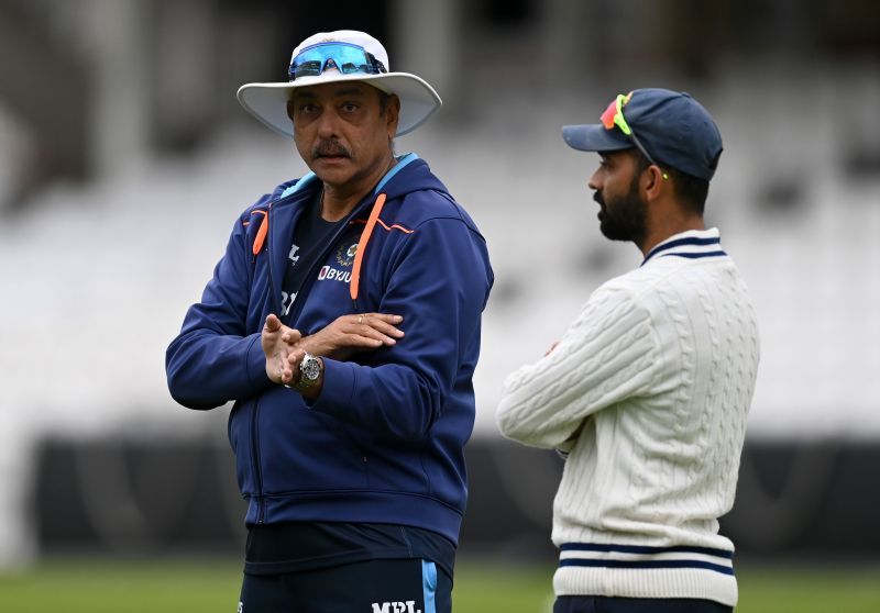 Ajinkya Rahane of India speaks with coach Ravi Shastri. Pic: Getty Images
