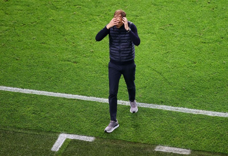 Chelsea manager Thomas Tuchel reacts during a match.