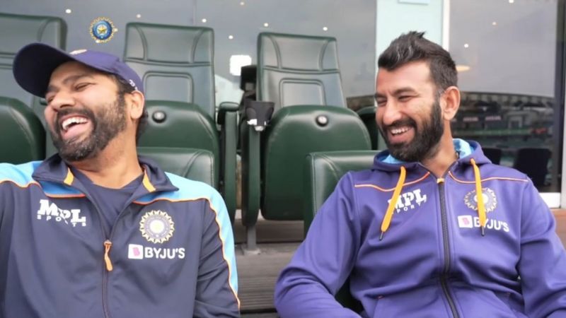 Rohit Sharma (L) and Cheteshwar Pujara all smiles after their partnership at The Oval (PC: BCCI)