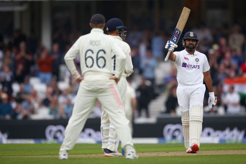 Rohit Sharma celebrates his first overseas Test ton.