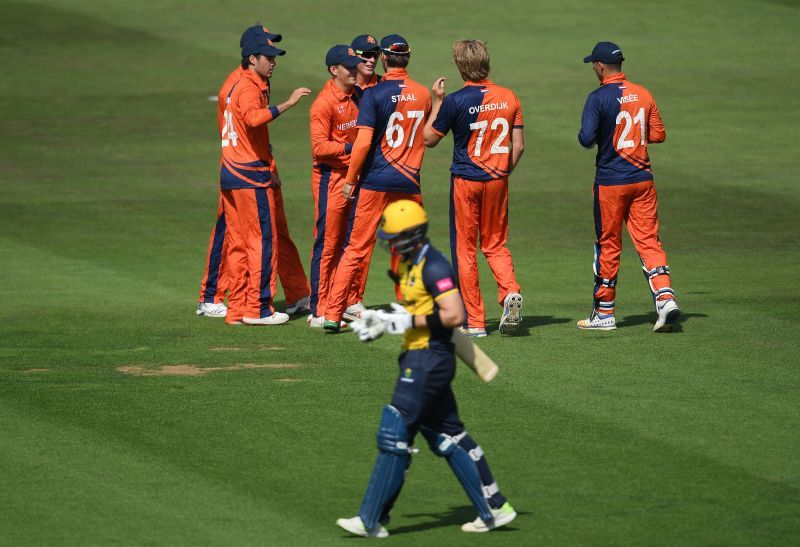 The Netherlands XI (background) celebrate during T20 Friendly Match.