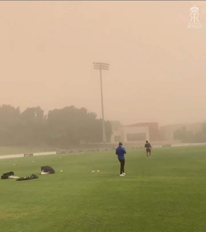Sandstorm temporarily halted Rajasthan Royals&#039; practice game in Abu Dhabi. [Image- Screengrab]