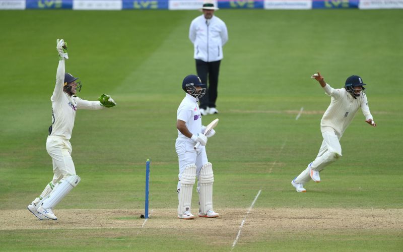 Ajinkya Rahane (centre) has struggled so far in the England series