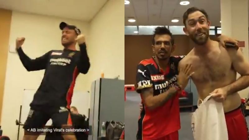 De Villiers imitating Virat Kohli&#039;s celebration (L), Chahal and Maxwell (R) (PC: RCB)