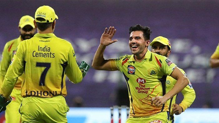 Chennai Super Kings' Deepak Chahar celebrates with his skipper Mahendra Singh Dhoni.