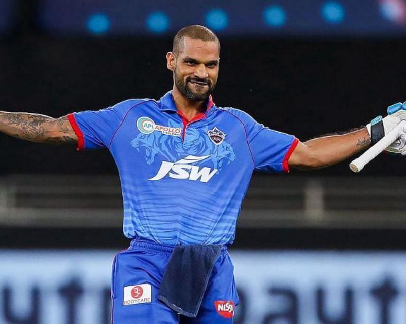 Shikhar Dhawan celebrating his century in the IPL 2021 season