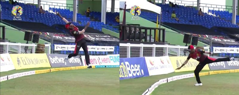 Akeal Hosein completes a stunning catch.