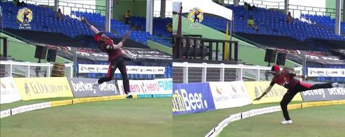 Akeal Hosein completes a stunning catch.