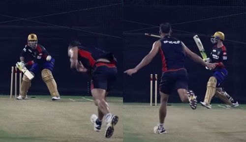 Glenn Maxwell is clean bowled during RCB’s Super Over simulation. Pic: RCB/ YouTube