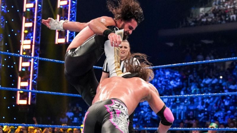 Seth Rollins delivering The Stomp to Edge on Friday Night SmackDown