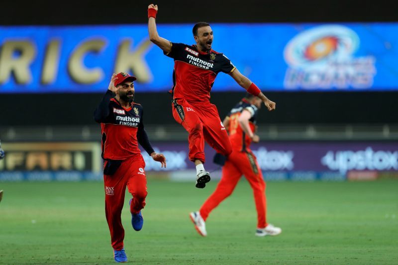 Harshal Patel leaps in air after completing a sensational hat-trick against the Mumbai Indians. [Image- IPL T20]