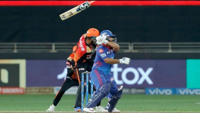 IPL 2021: Rishabh Pant&#039;s bat went flying to midwicket as he attempted a shot.