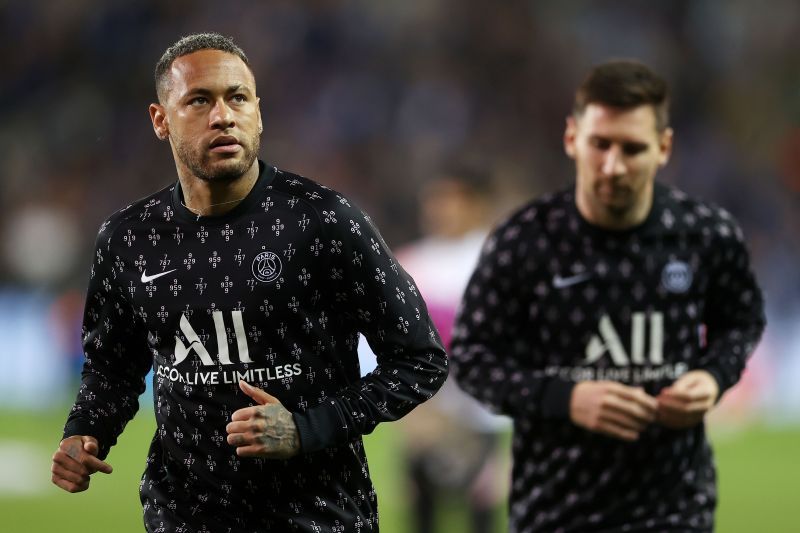 Neymar and Lionel Messi (right) started in attack for PSG against Club Brugge.