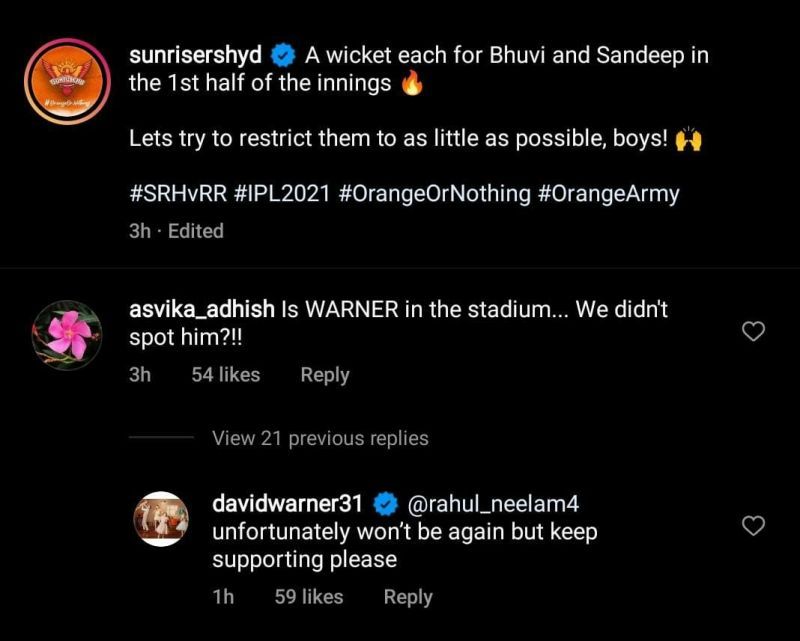 David Warner's response to a fan on Instagram