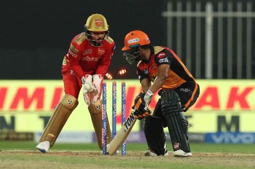 SRH batter Kedar Jadhav is bowled by Ravi Bishnoi. Pic: IPLT20.COM