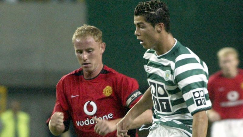 Young Ronaldo in action against Manchester United. Ronaldo impressed everybody and was promptly signed after the match.