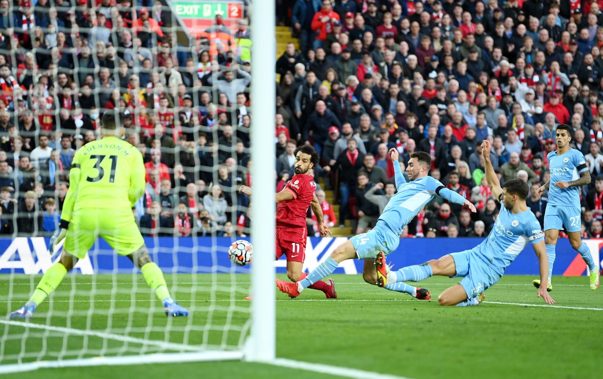 Mo Salah scoring for Liverpool against Manchester City.