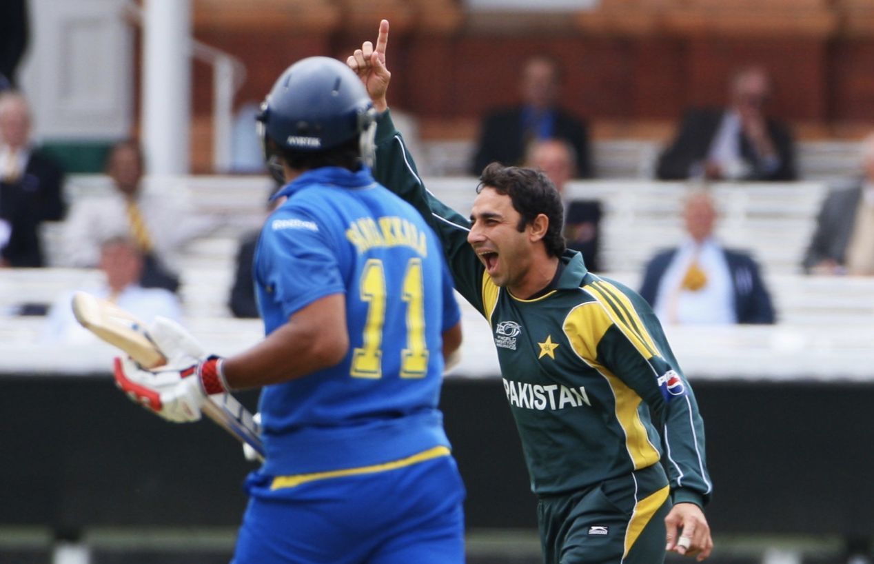Saeed Ajmal celebrates the wicket of Kumar Sangakkara during the T20 World Cup in 2009.