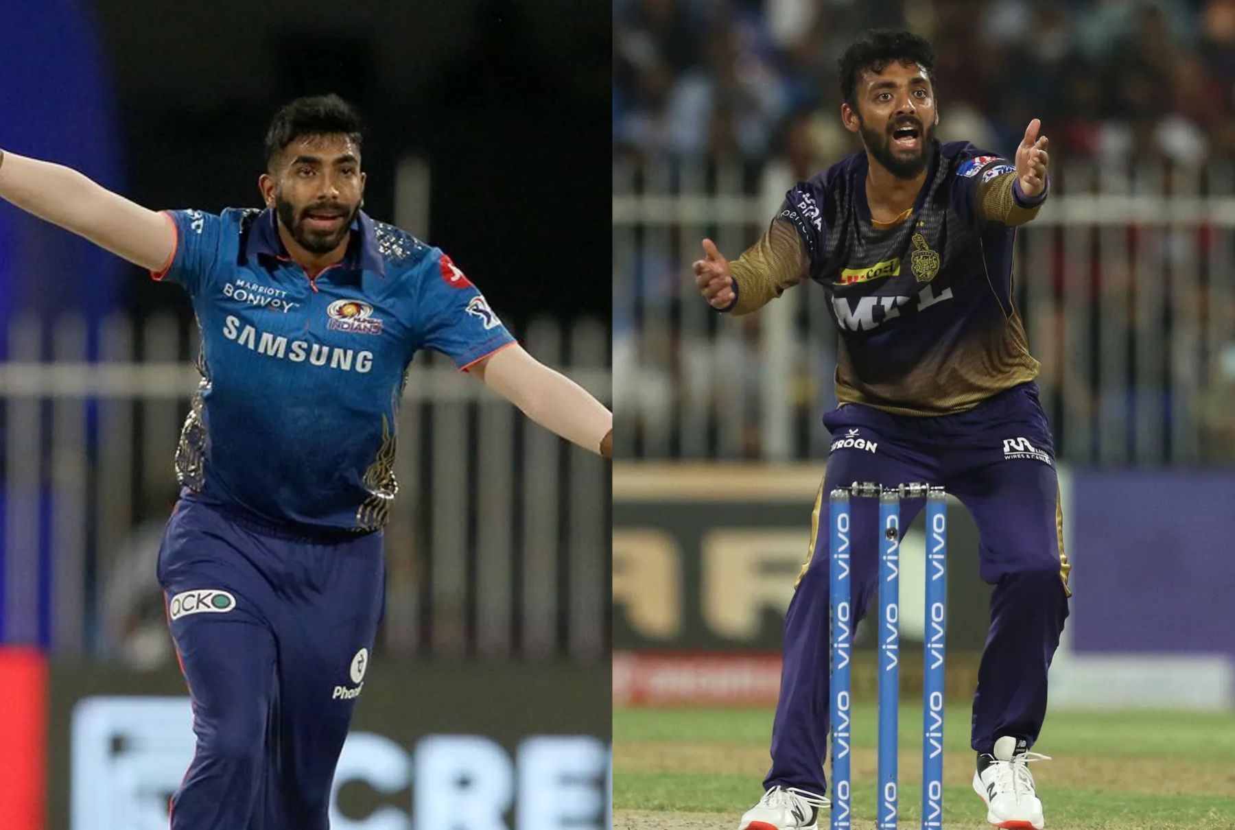 Jasprit Bumrah and Varun Chakravarthy. Pics: IPLT20.COM