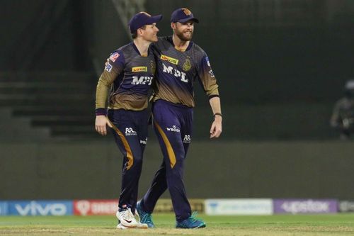 Eoin Morgan and Lockie Ferguson celebrate KKR's win on Wednesday. (PC: IPLT20.com)