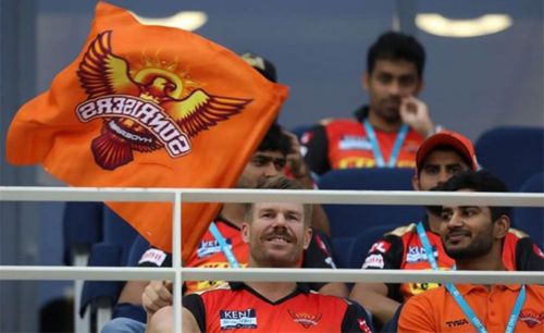 David Warner in the stands during SRH's match against KKR.