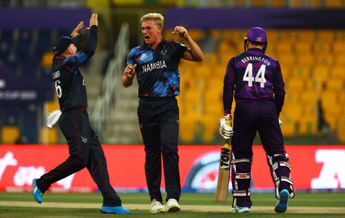 Ruben Trumpelmann of Namibia celebrates the wicket of Richard Berrington. Pic: Getty Images