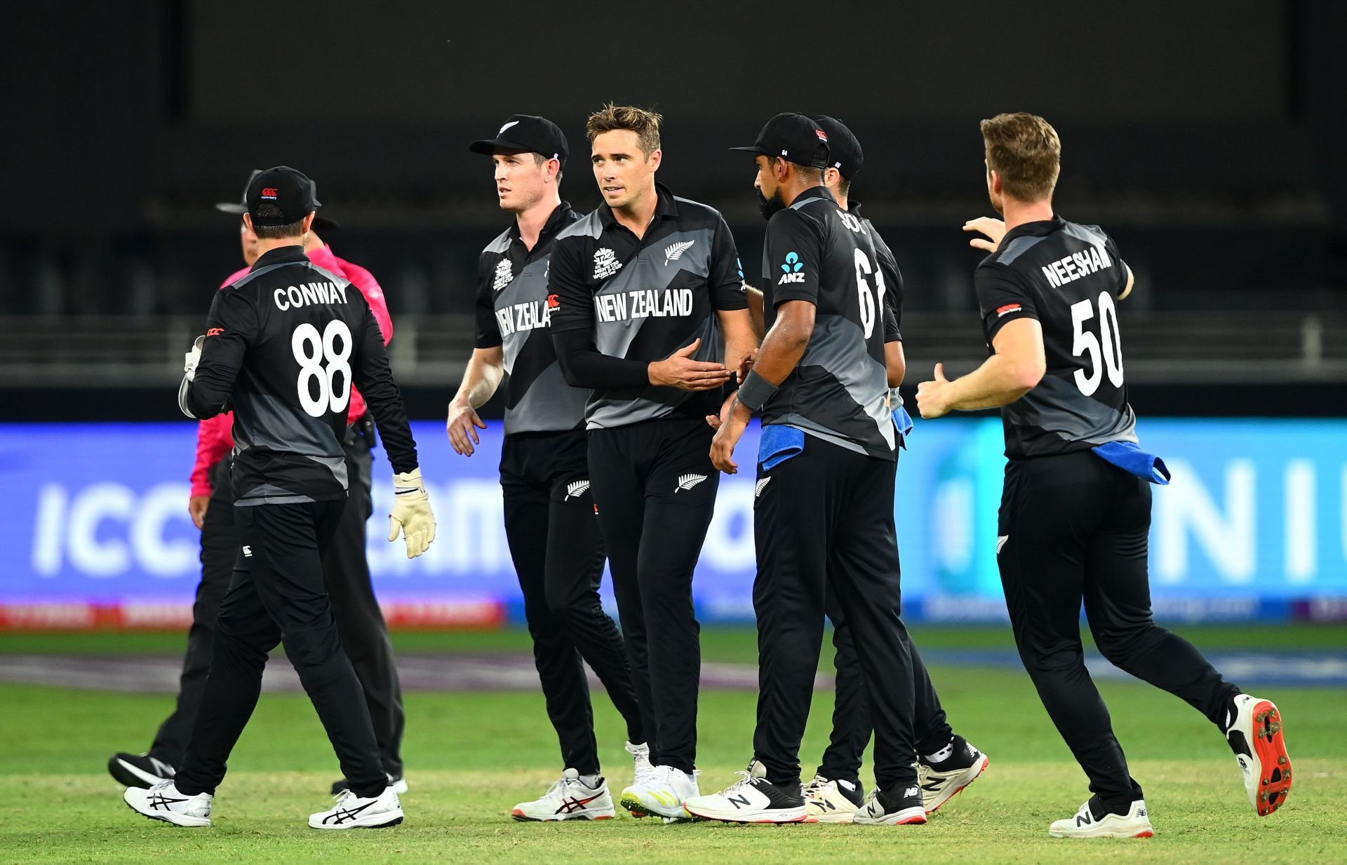 New Zealand players celebrate a wicket against India. Pic: Getty Images