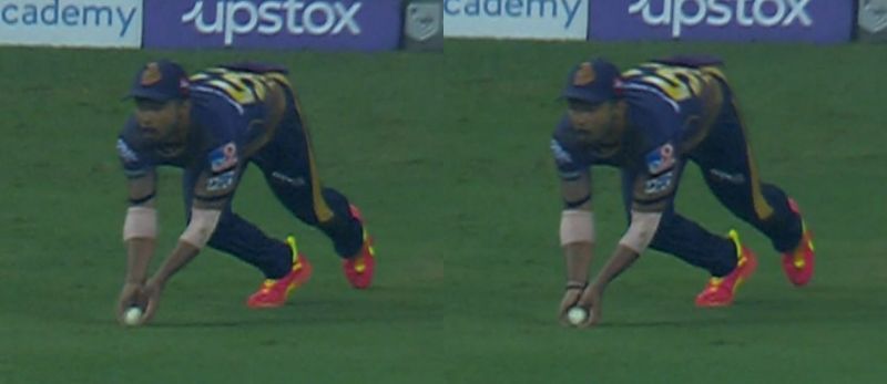 Screengrabs of the catch by Rahul Tripathi that was disallowed. Pic: IPLT20.COM