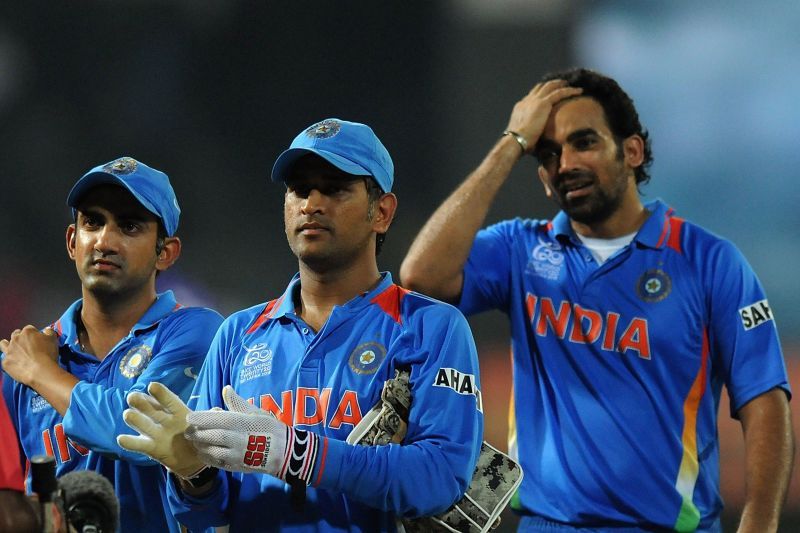 M S Dhoni (C) along with teammates Gautam Gambhir (L) and Zaheer Khan of India walk back to the pavilion after the game against South Africa in the 2012 T20 World Cup. Pic: Getty Images