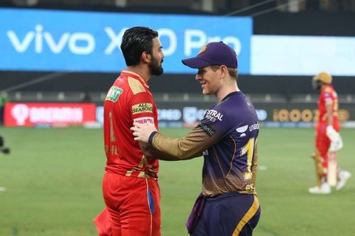 KL Rahul and Eoin Morgan after PBKS's win on Saturday, (PC: IPLT20.com)