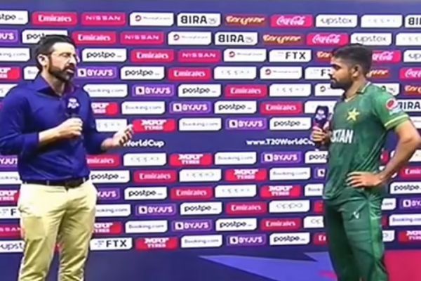 Bazid Khan and Babar Azam during the India vs Pakistan clash. Pic: Twitter