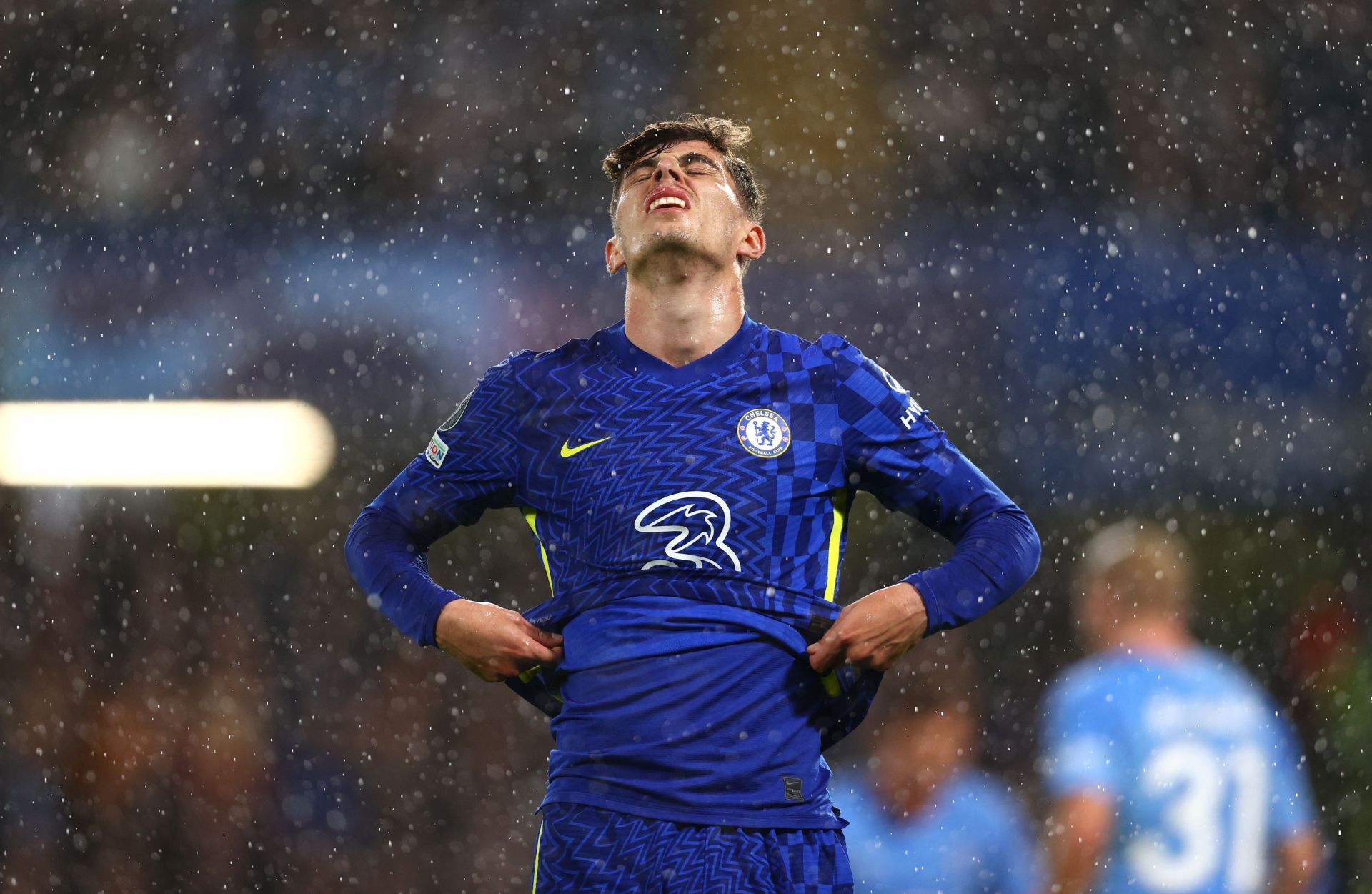 Chelsea&#039;s Kai Havertz rues a missed opportunity as it pours cats and dogs at Stamford Bridge.