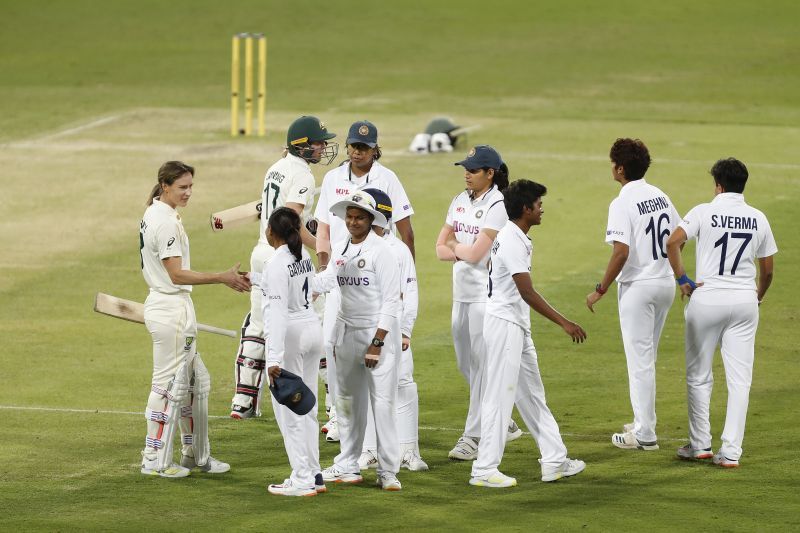 Australia and India players greet each other after the historic pink-ball Test. Pic: Getty Images