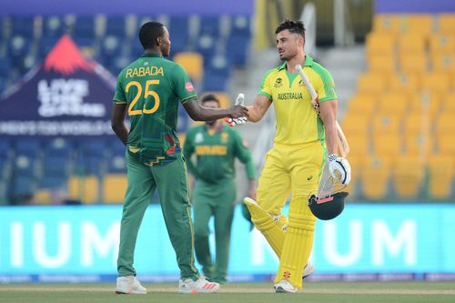 Kagiso Rabada shakes hands with Marcus Stoinis. Pic: Getty Images