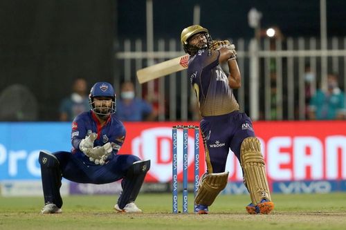 Rahul Tripathi’s last-over six put KKR in the IPL 2021 final. Pic: IPLT20.COM