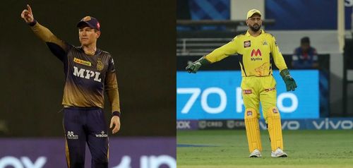 KKR skipper Eoin Morgan and CSK captain MS Dhoni. Pics: IPLT20.COM