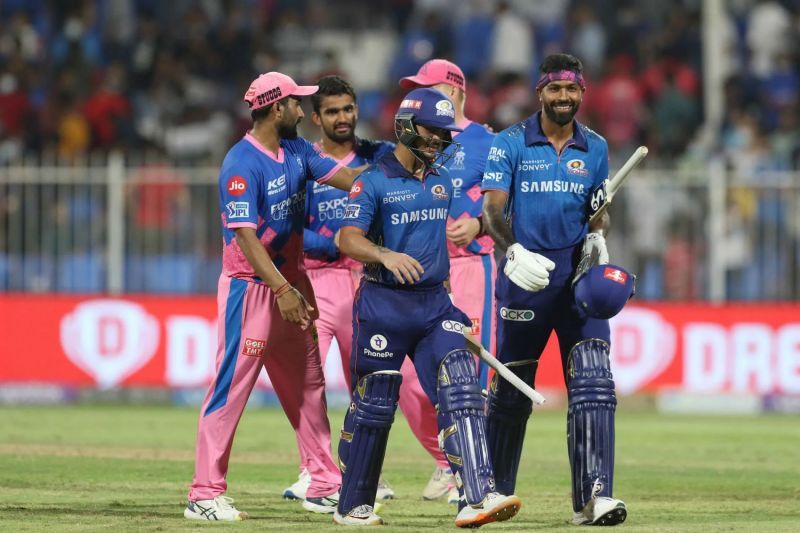 Ishan Kishan and Hardik Pandya walk off after MI&rsquo;s win against RR. Pic: IPLT20.COM