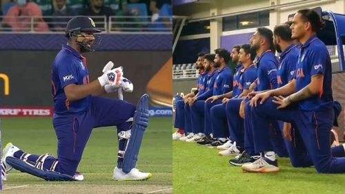 Rohit Sharma (L) and other Indian players take a knee in Dubai.