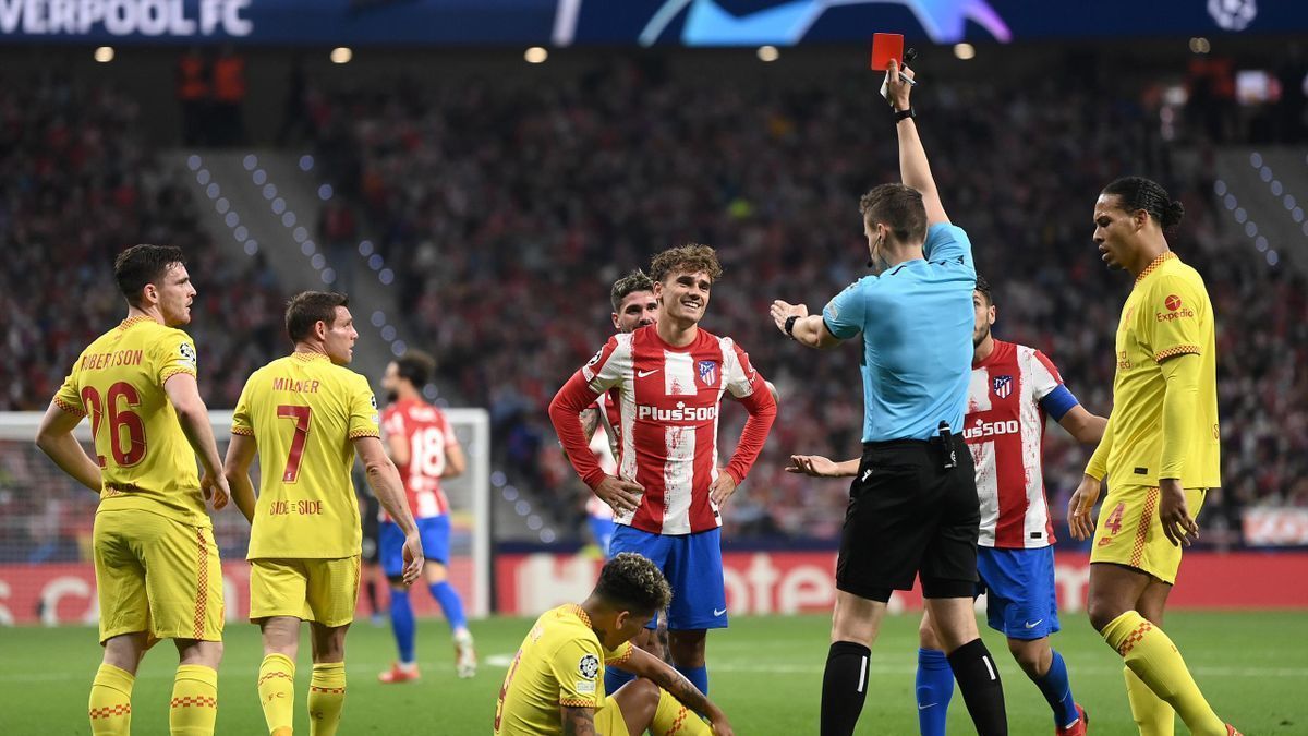 Antoine Griezmann was sent off for a rash challenge on Firmino.