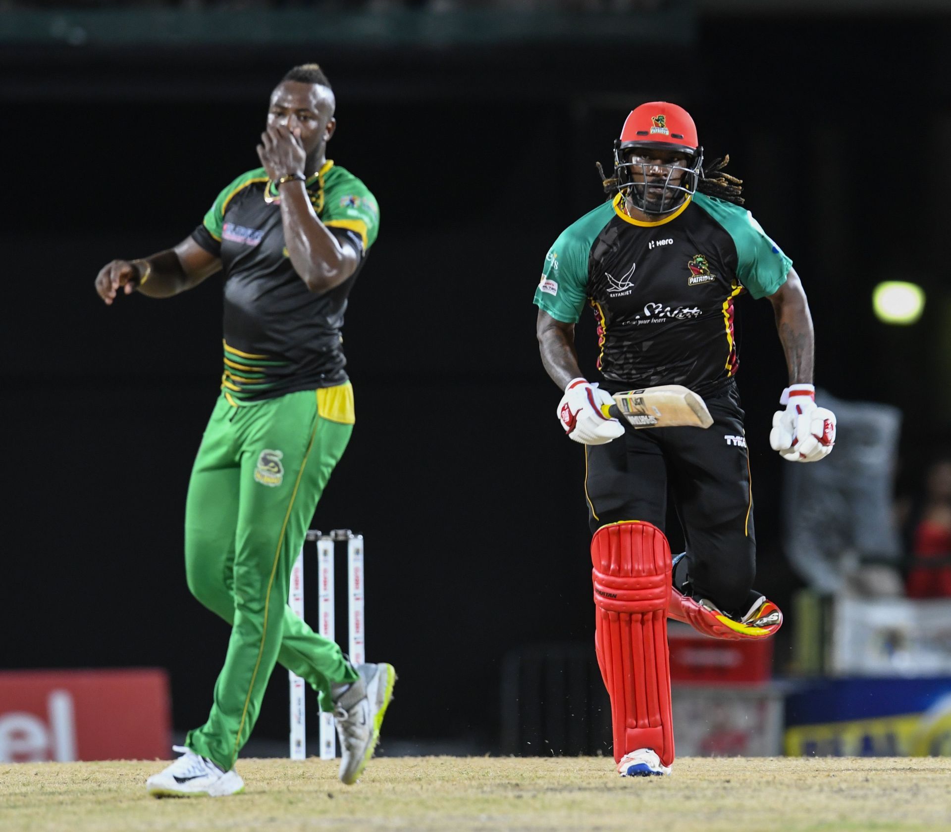 Andre Russell and Chris Gayle during a CPL game. Pic: Getty Images