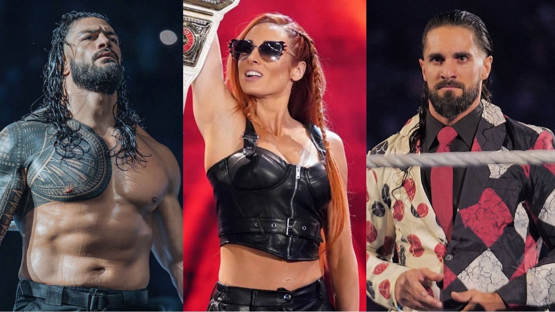 Roman Reigns (left), Becky Lynch (middle), and Seth Rollins (right)